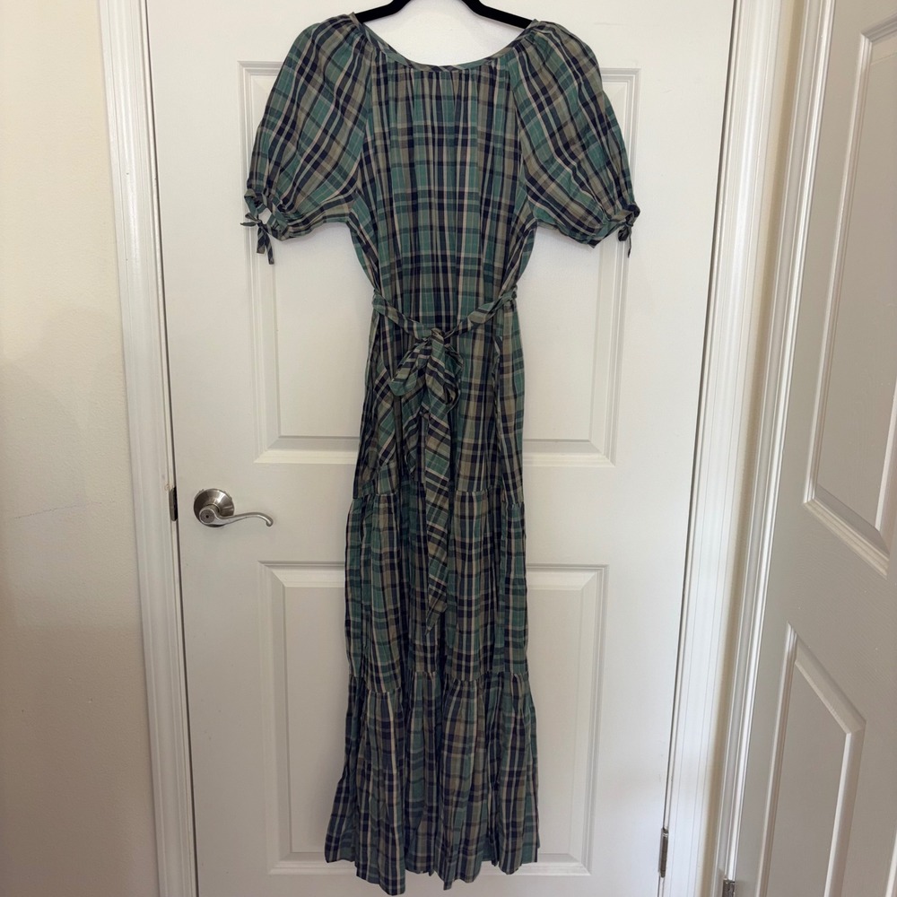 Mirth Ostuni SS Maxi Dress Ocean Plaid  Tiered Cotton Puff Sleeve New Small